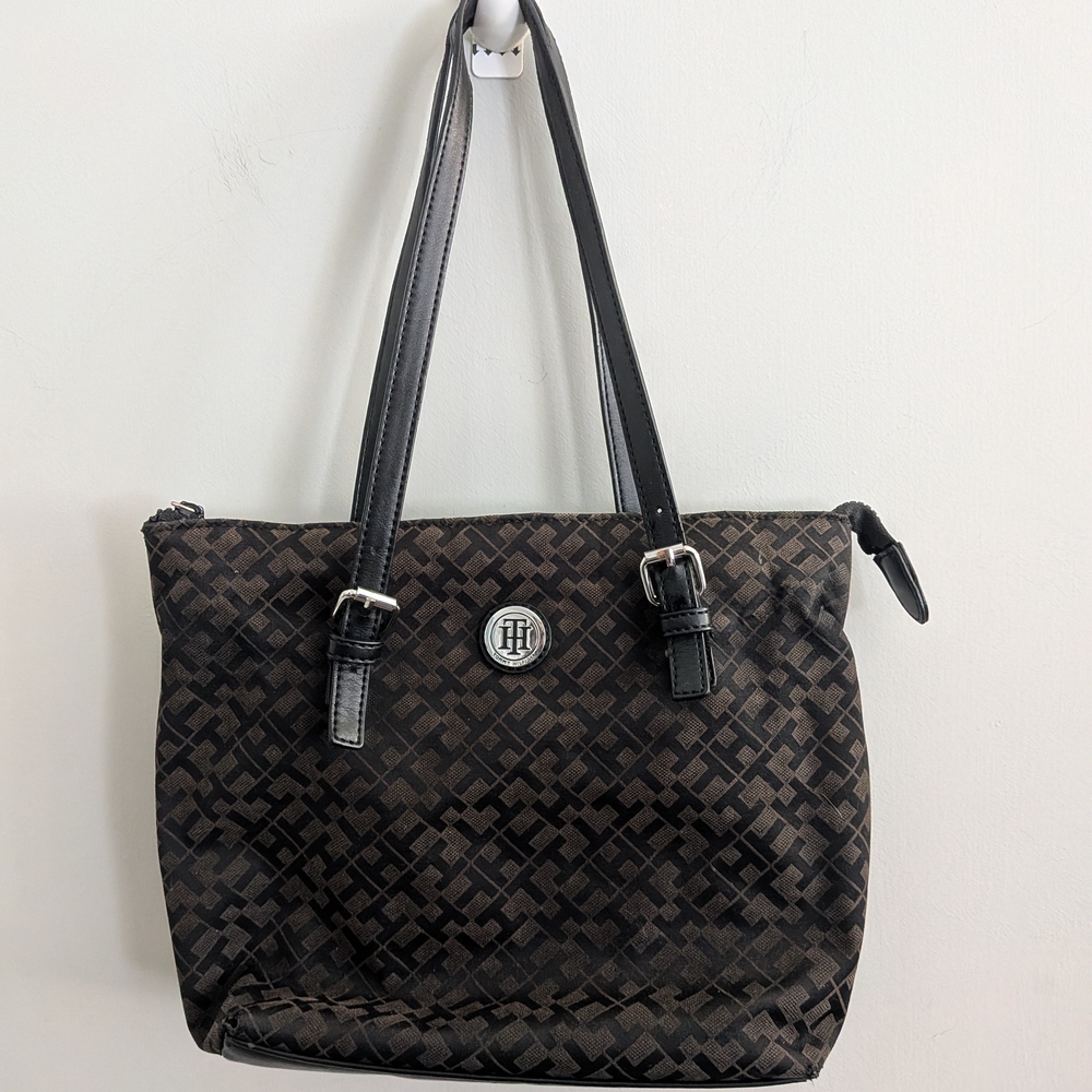 Tommy Hilfiger Signature Monogram Jacquard Tote - Black & Chocolate